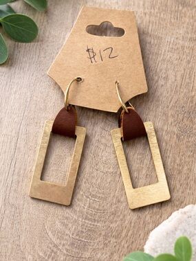 Boutique Brown Leather and Gold Geometric Drop Earrings - Women Jewelry